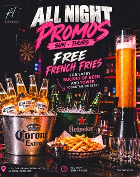 All Night Promos at RT Restobar - Sunday to Thursday, free French fries for every bucket of beer and tower (cocktail or beer)